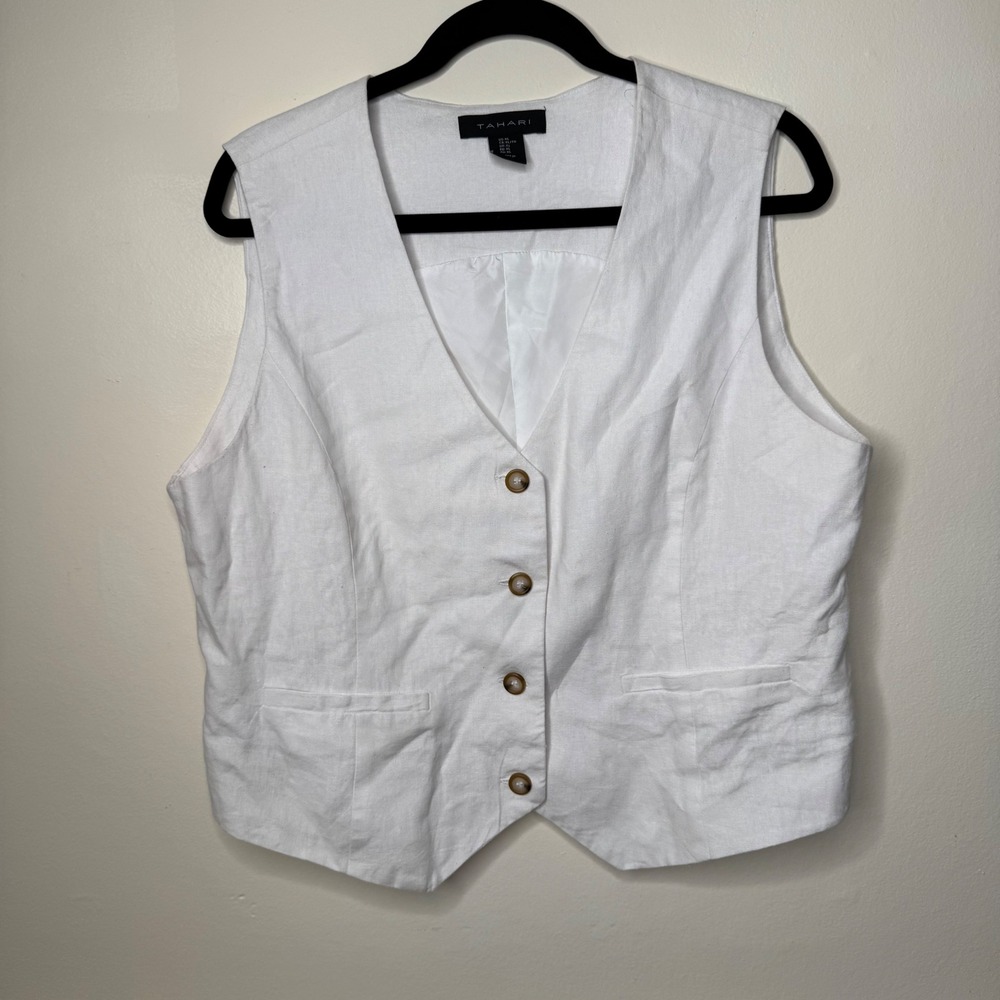 Tahari Vest Women XL White Linen Blend Button Front V-Neck Tailored Sleeveless